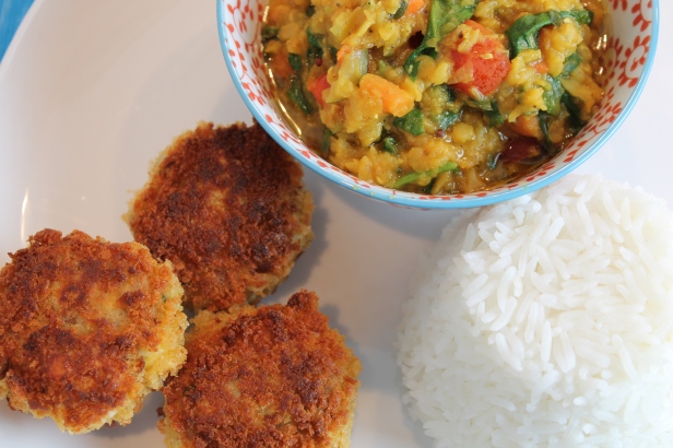 Fish cakes, with dhal and rice